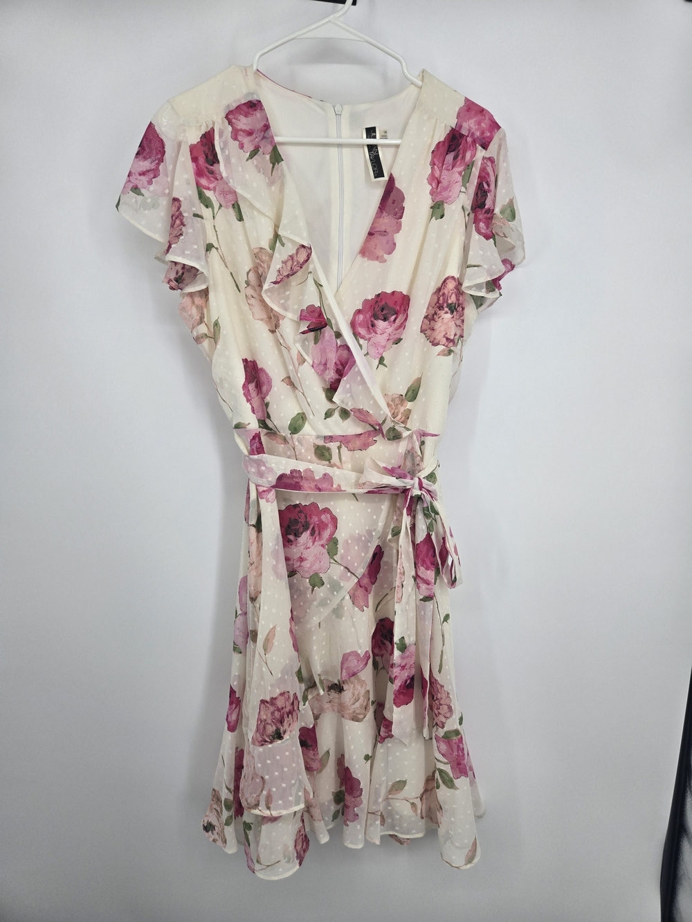 Julian Taylor Floral Faux Wrap Midi Dress Cream and Pink Size 16